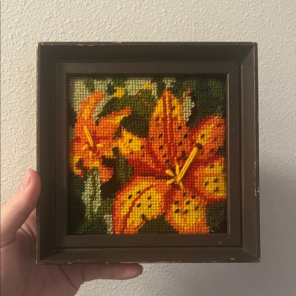 Vintage Framed Needlepoint Art Orange Lilies